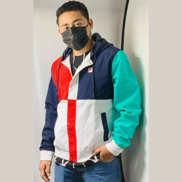 Men's FIla NavyWhiteGreen Fashion Hooded Windbreaker Jacket